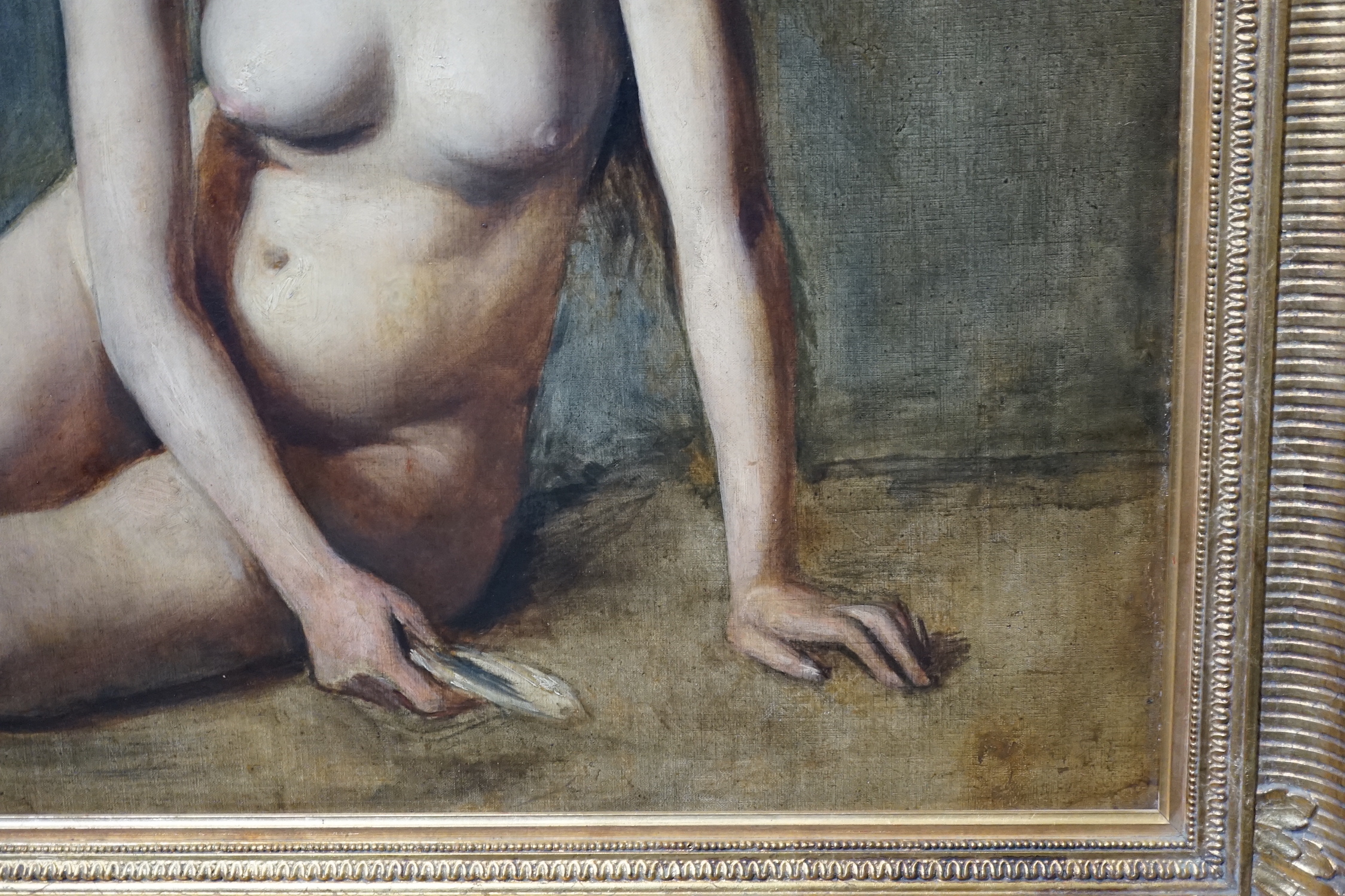 Late 19th Century French School, Seated female nude holding a seashell, oil on canvas, 78 x 98cm